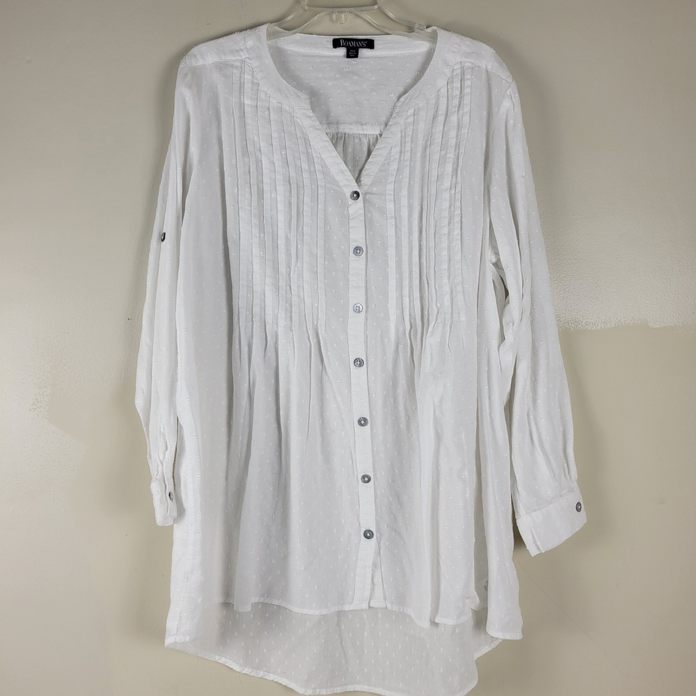 Roamans White Swiss Dot Cotton Pintuck Button Front Tunic Top Plus‎ Size 20W
